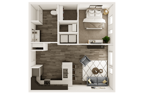 Floor plan for 1 bed, 1 bath, 598 sqft